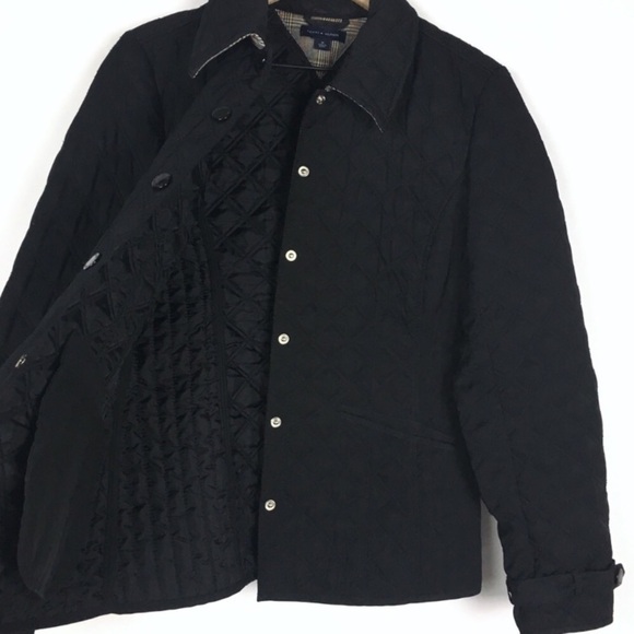TOMMY HILFIGER Quilted Jacket Coat Puffy Minimalist Solid Black Size Medium - Picture 3 of 9